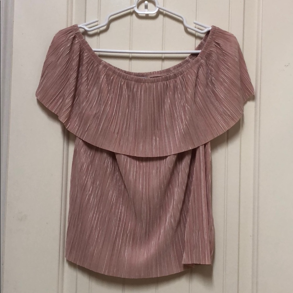 Pink with a metallic tone off the shoulder top!